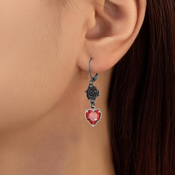 Crystal Earrings for Women Black Rose Flower Bat Skeleton Heart Crystal Earring - Picture 2 of 5